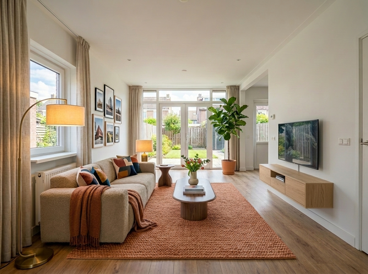 Eindresultaat: terracotta vloerkleed en licht eiken TV-meubel